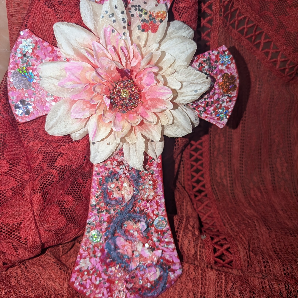 Handcrafted Pink & Cream Decorative Wall Cross with Flower Accent